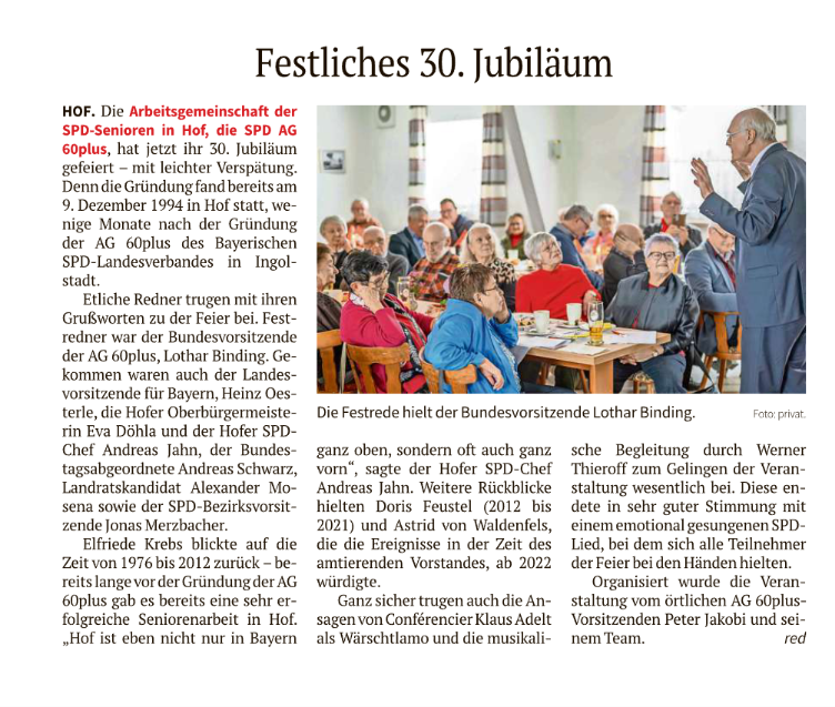 SPD AG 60plus Hof Jubiläum: Bericht der Frankenpost Hof