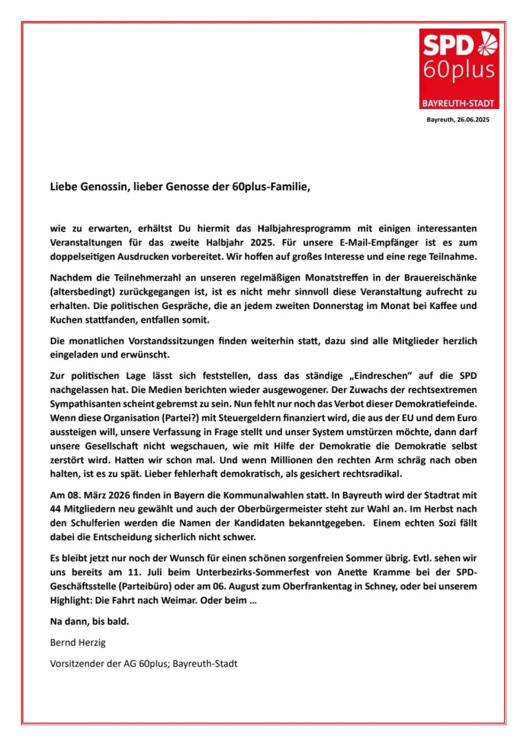 SPD AG 60plus Bayreuth: Anschreiben Halbjahresprogramm 2025 / 2