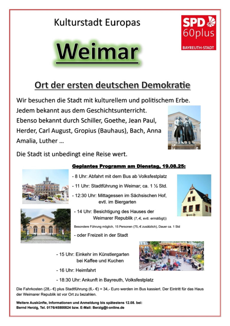 SPD AG 60plus Bayreuth: Einladungsflyer Weimar 2025